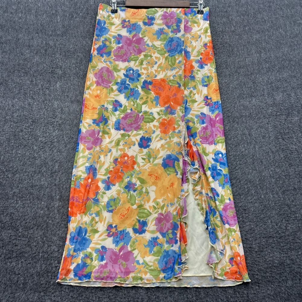 12th Tribe Zella Floral Mesh Maxi Skirt L Boho Ruffle Slit Watercolor Romantic